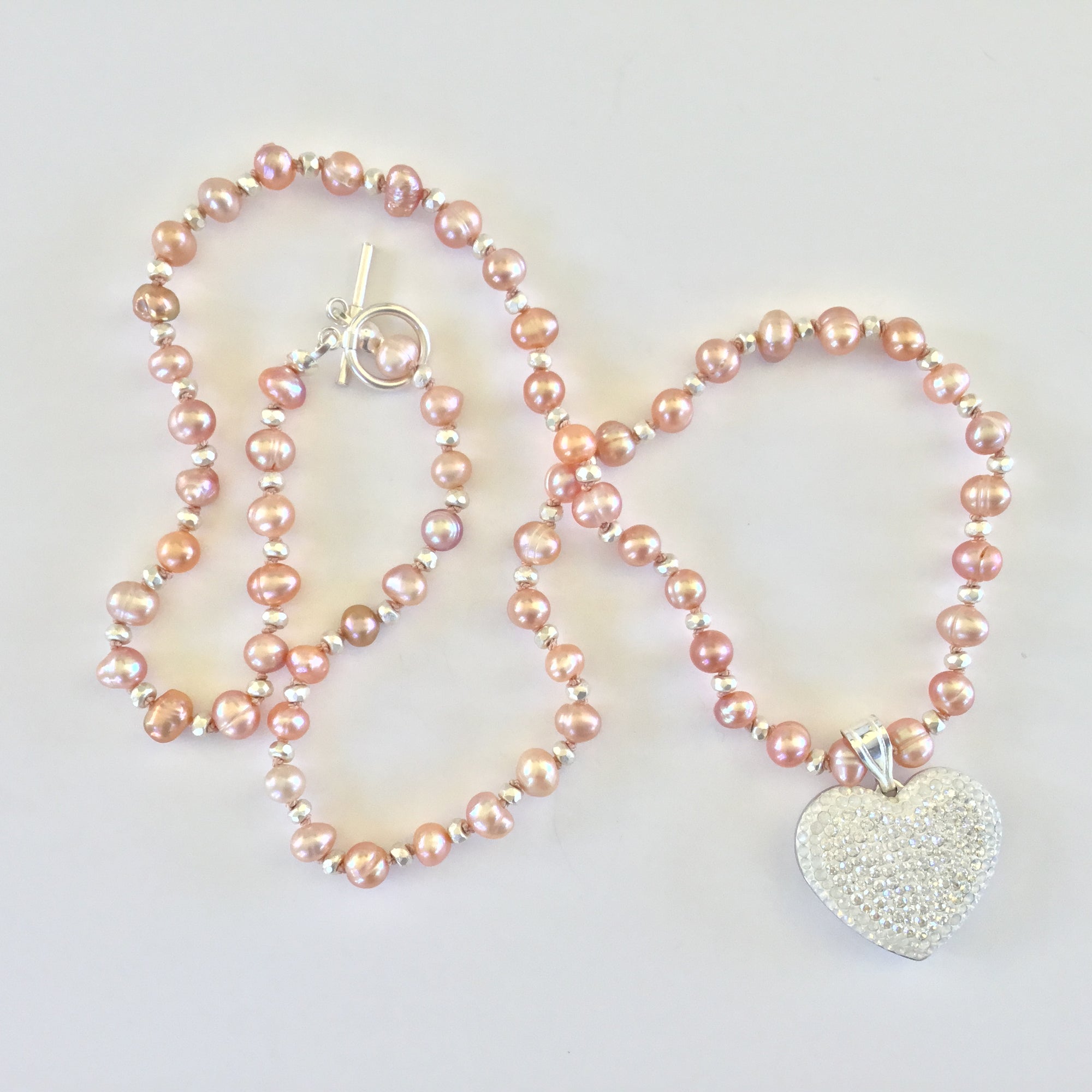 Mauve/Pink Freshwater Pearl Necklace With Pave Encrusted Heart Pendant