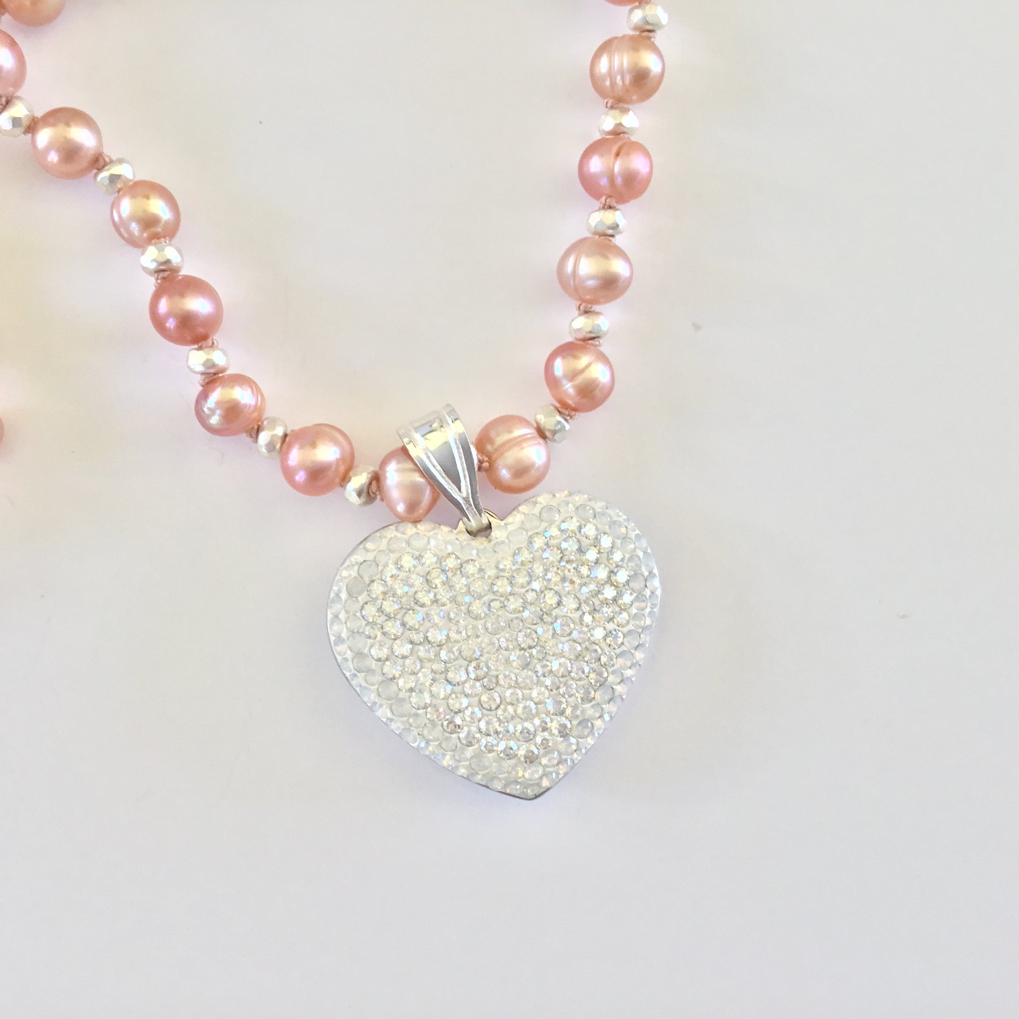 Mauve/Pink Freshwater Pearl Necklace With Pave Encrusted Heart Pendant